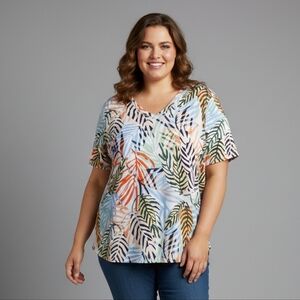 Tahari Blouse Linen Multi Color Palm Leaf T Shirt Womens XXXL